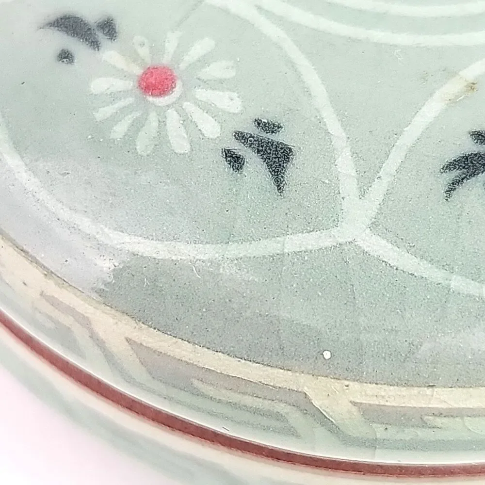Vintage Korean Celadon Green Ceramic Floral Ring Lidded Round Trinket Box 3 inch